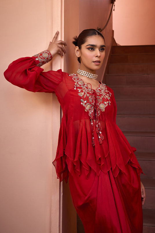 Red organza embroidered top with bustier