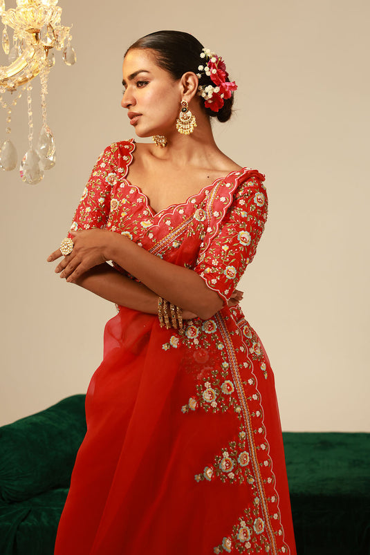 Red Organza Silk Saree