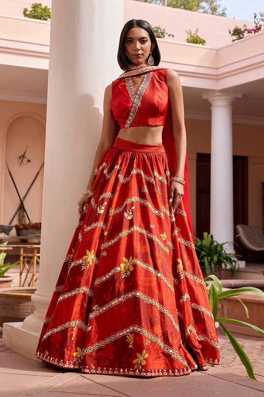 Red printed and embroidered lehenga set