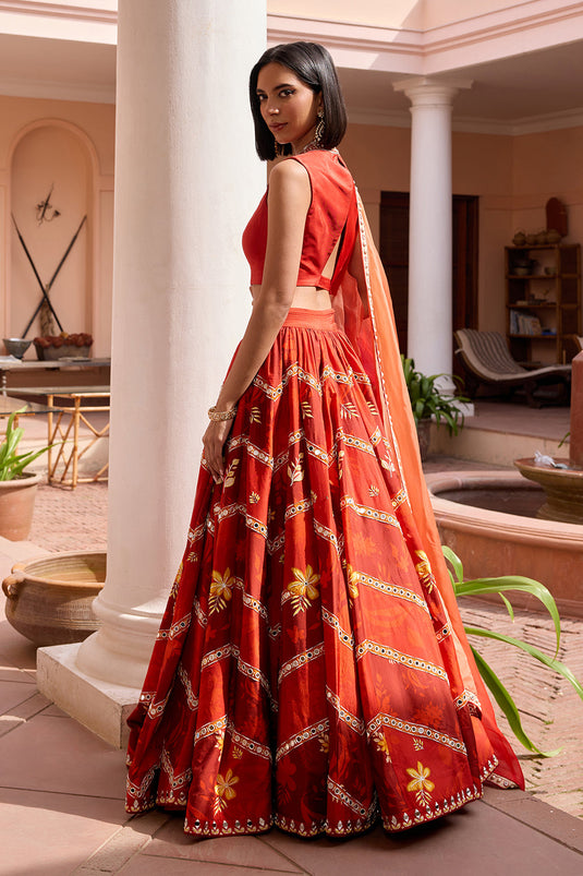 Red printed and embroidered lehenga set