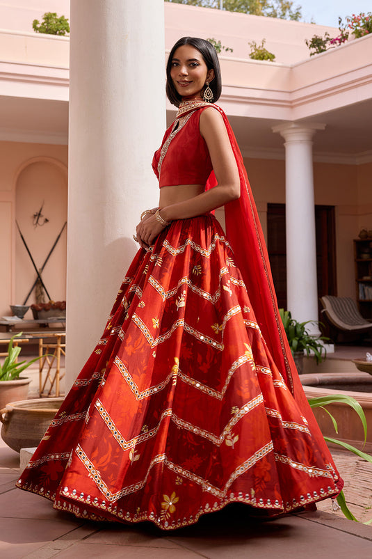 Red printed and embroidered lehenga set