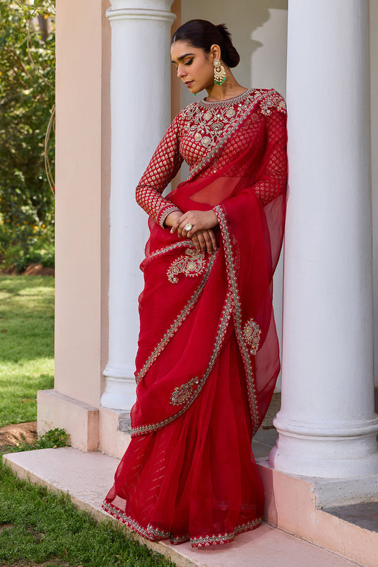 Red pure organza saree with embroidered blouse and jacquard under skirt