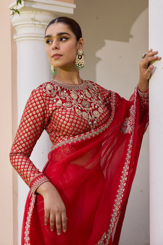 Red pure organza saree with embroidered blouse and jacquard under skirt