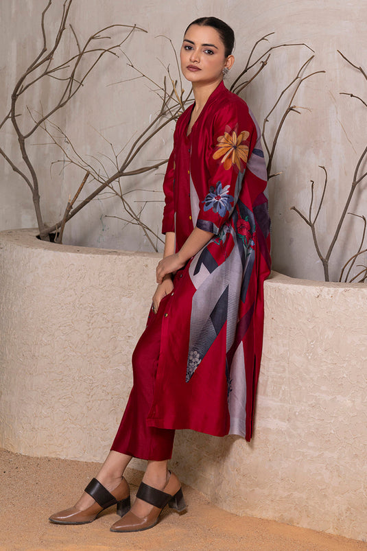 Red Silk Chanderi Printed Front Open Dress