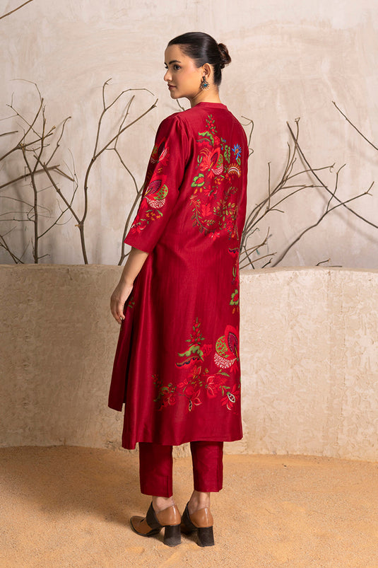 Red Silk Chanderi Printed Front Open Floral Dress