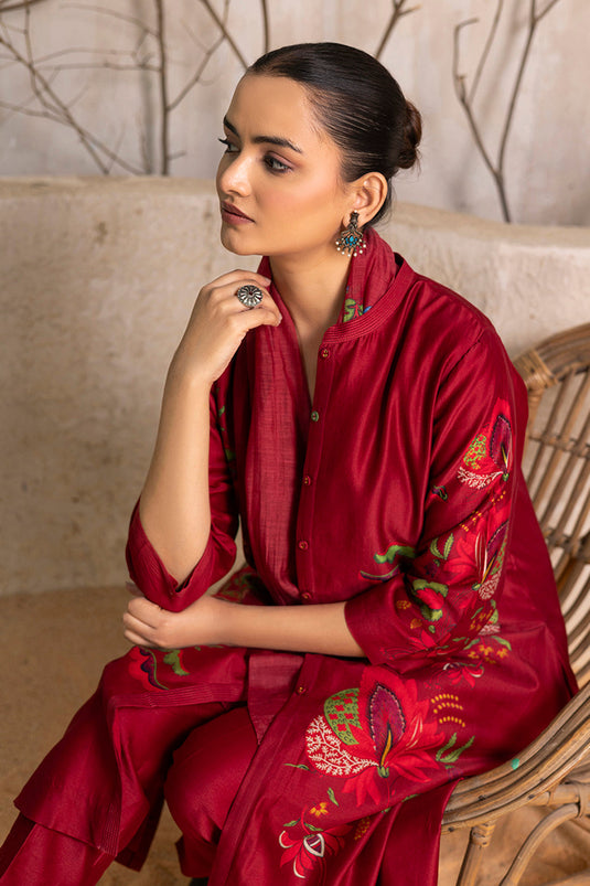 Red Silk Chanderi Printed Front Open Floral Dress