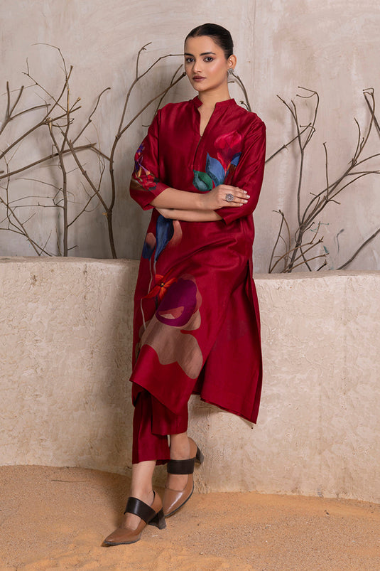 Red Silk Chanderi Printed Tunic