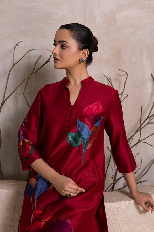 Red Silk Chanderi Printed Tunic