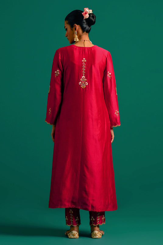 Red V neck hand embroidered silk chanderi kurta set