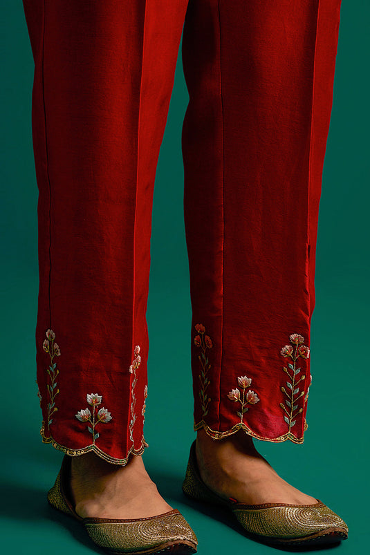 Red V neck hand embroidered silk chanderi kurta set