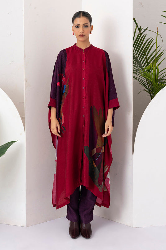 Red Viscose Dupion Printed Kaftaan Style Dress