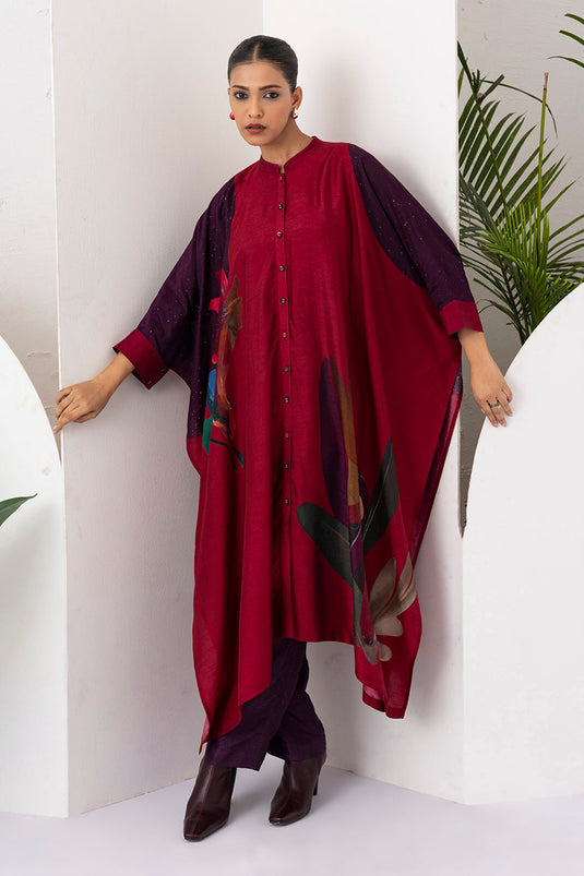 Red Viscose Dupion Printed Kaftaan Style Dress