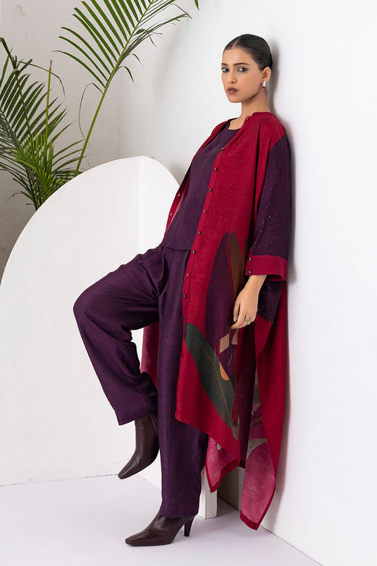 Red Viscose Dupion Printed Kaftaan Style Dress