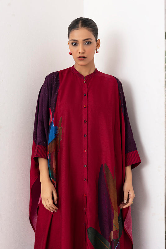Red Viscose Dupion Printed Kaftaan Style Dress