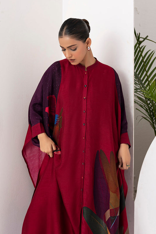 Red Viscose Dupion Printed Kaftaan Style Dress