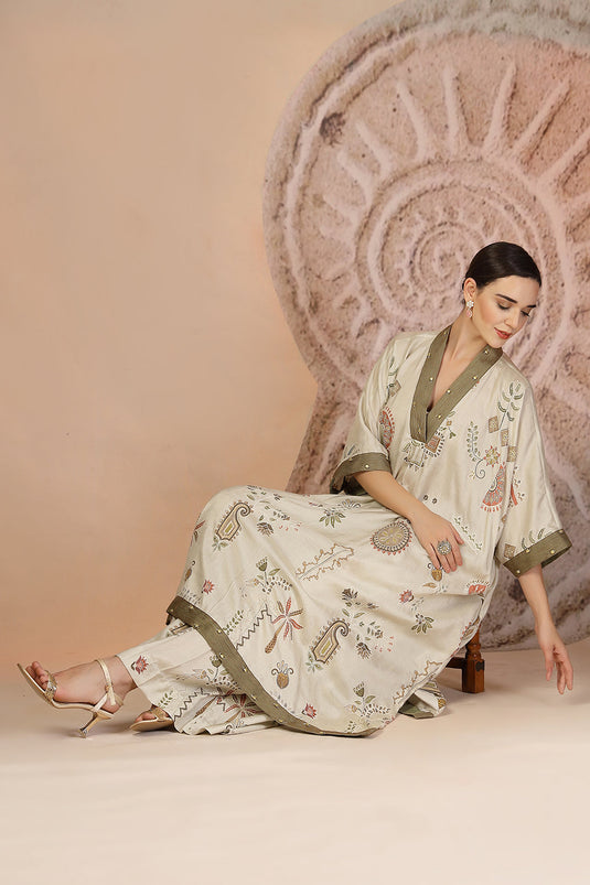 Relaxed Fit Grey Cotton Kaftan Set with Pleated Pants & Metallic Detailing