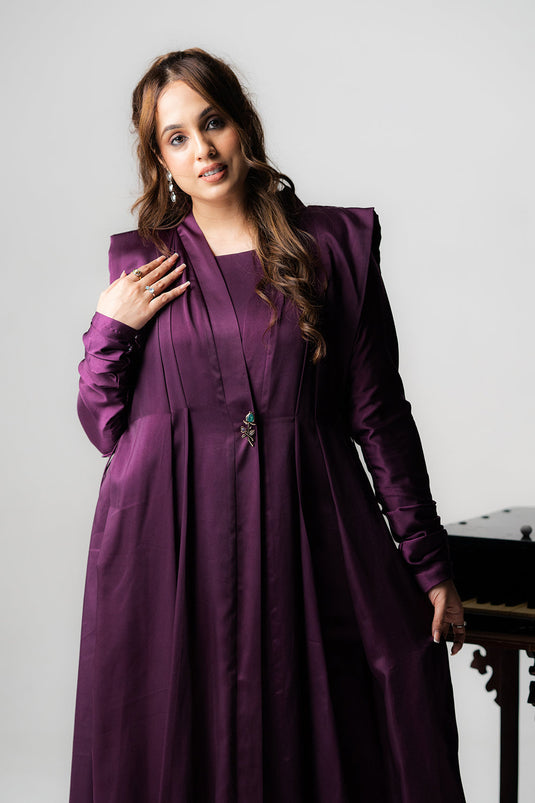 Rich Purple Satin Silk Cape Gown Set