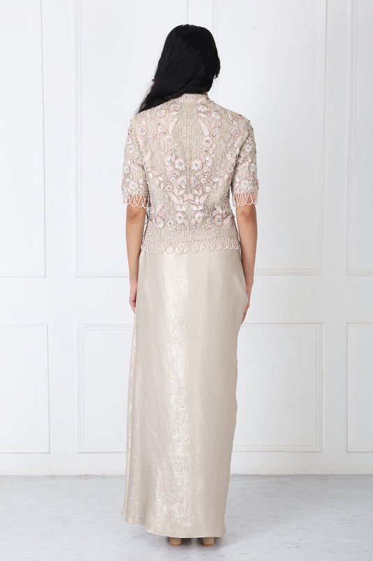 Royal Beige Embroidered Jacket With Drape Skirt