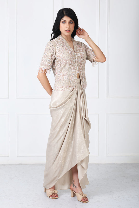 Royal Beige Embroidered Jacket With Drape Skirt