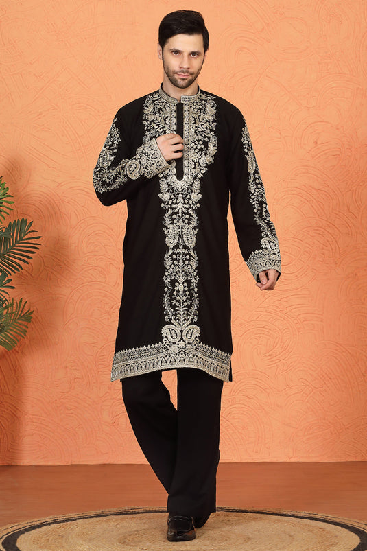 Royal Black Kashmiri Embroidered Kurta with Loose Fit Parallel Matching  Pants