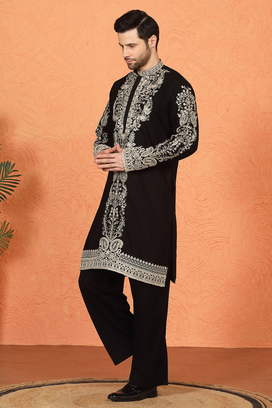 Royal Black Kashmiri Embroidered Kurta with Loose Fit Parallel Matching  Pants