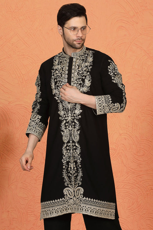 Royal Black Kashmiri Embroidered Kurta with Loose Fit Parallel Matching  Pants