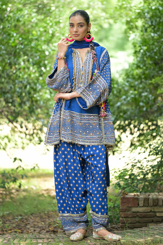 Royal Blue Solid Crepe Short Kurti With Farshi Pant Dupatta