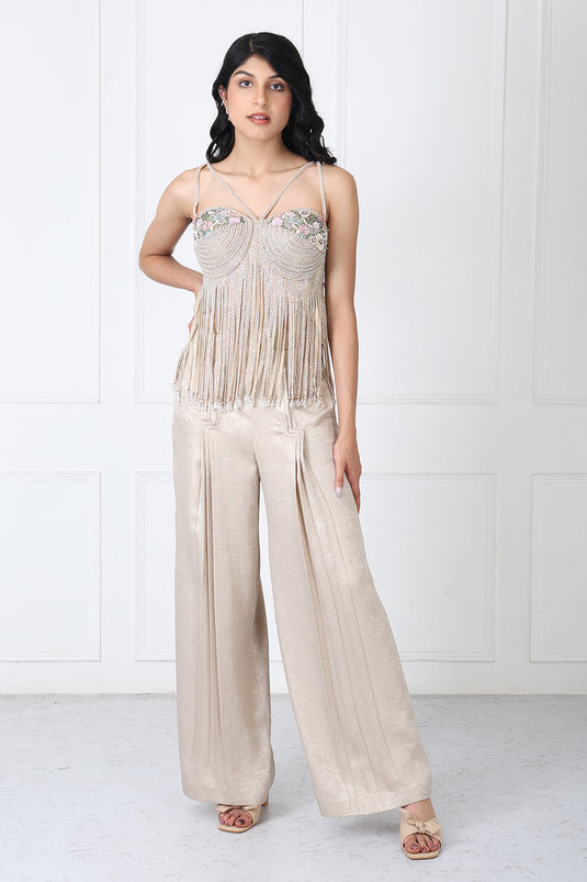 Royal Golden Pants With Floral Bodysuit