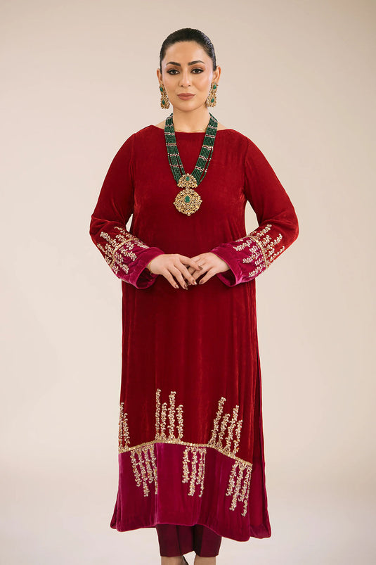 Ruby Velvet Embroidered Kurta & Pant Set