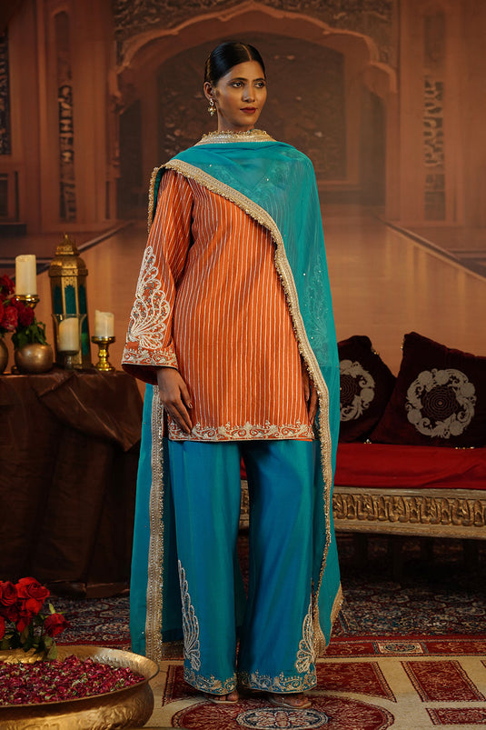 Rust And Teal Silk Kurta Set