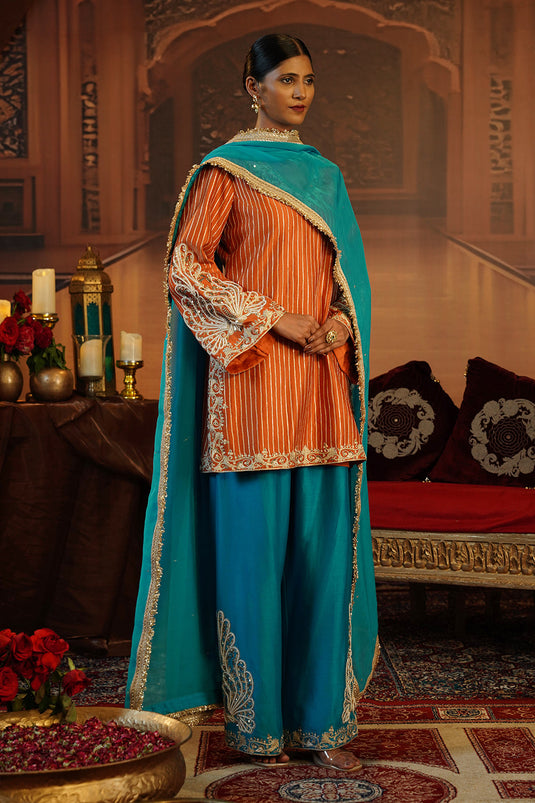 Rust And Teal Silk Kurta Set