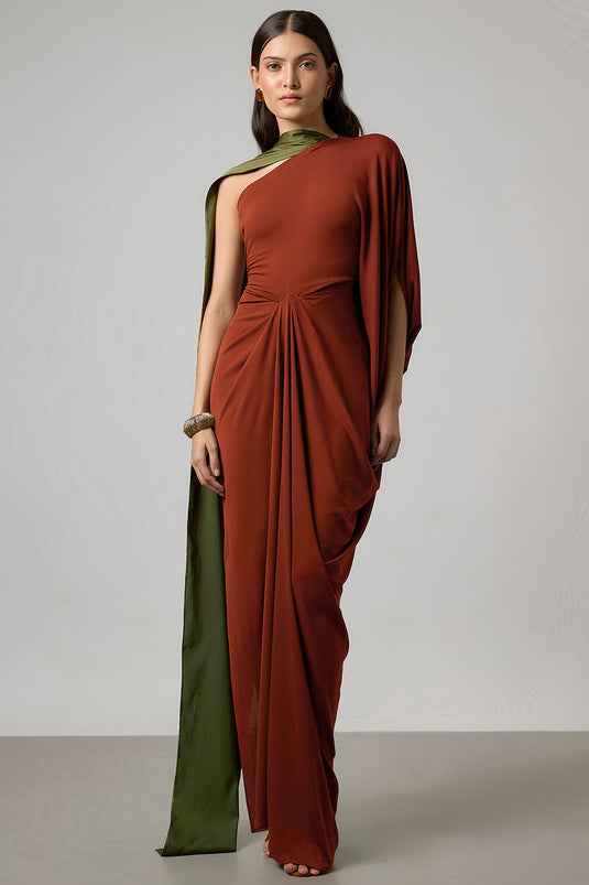 Rust & Olive Green Satin Gown