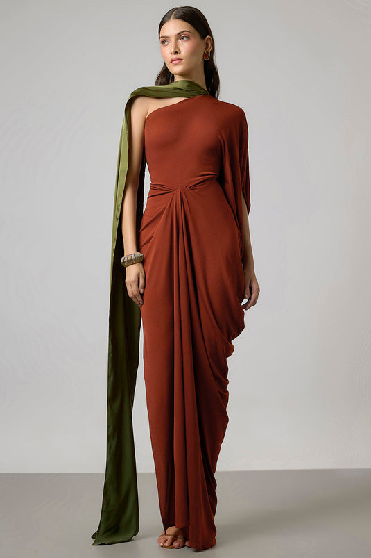 Rust & Olive Green Satin Gown