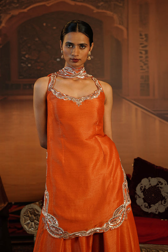 Rust Orange Kasab Silk Sharara Set