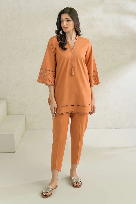 Rust Solid Embellished Three-Quarter Sleeve Co-Ord Sets