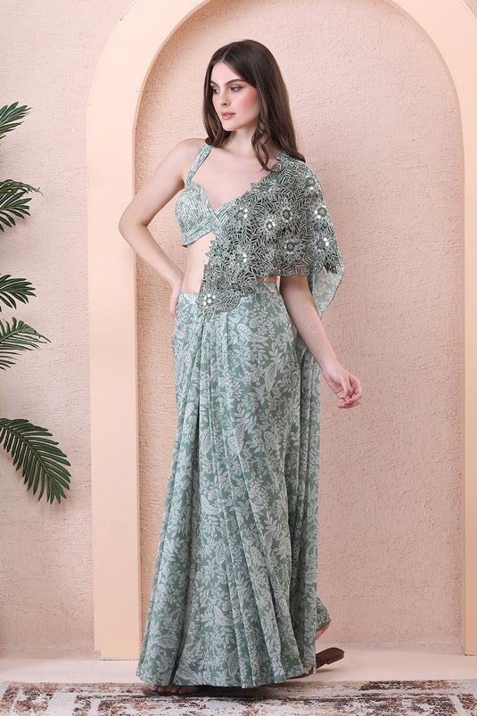 Sage Green Drape Saree With Embroidered Dupatta
