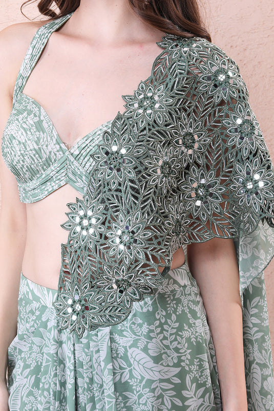 Sage Green Drape Saree With Embroidered Dupatta