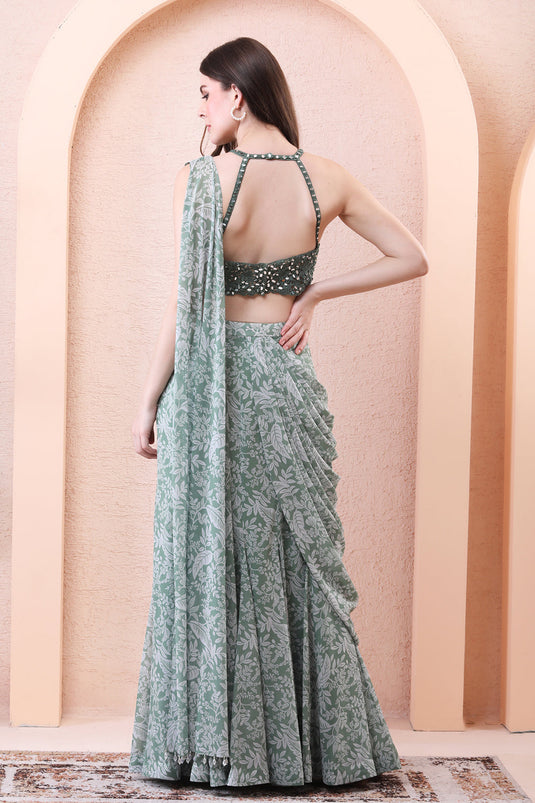 Sage Green Drape Saree With Halter Neck Mirror Blouse