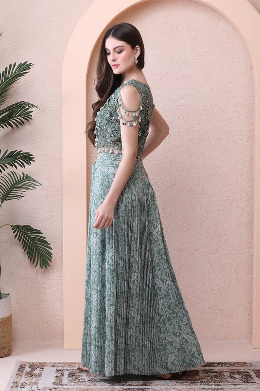Sage Green Drape Saree With Tessal  Blouse