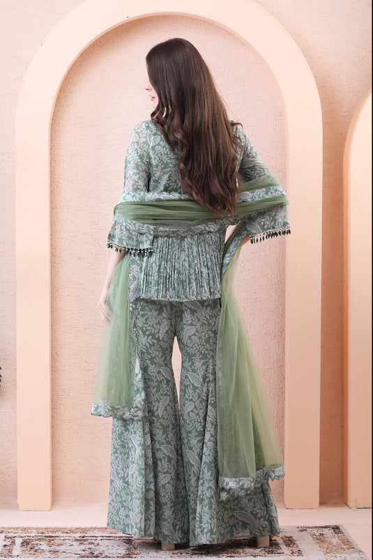 Sage Green Draped Angrakha Kurta Sharara Set