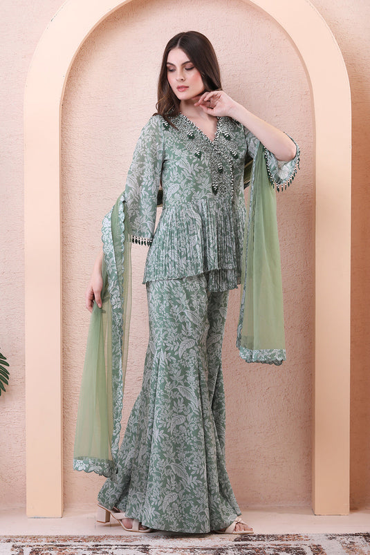Sage Green Draped Angrakha Kurta Sharara Set