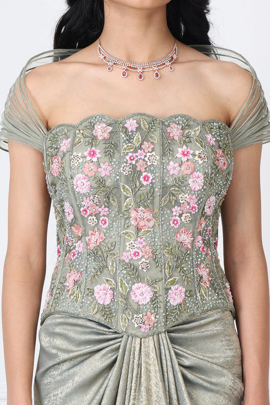 Sage Green Embroidered Corset With Drape Skirt