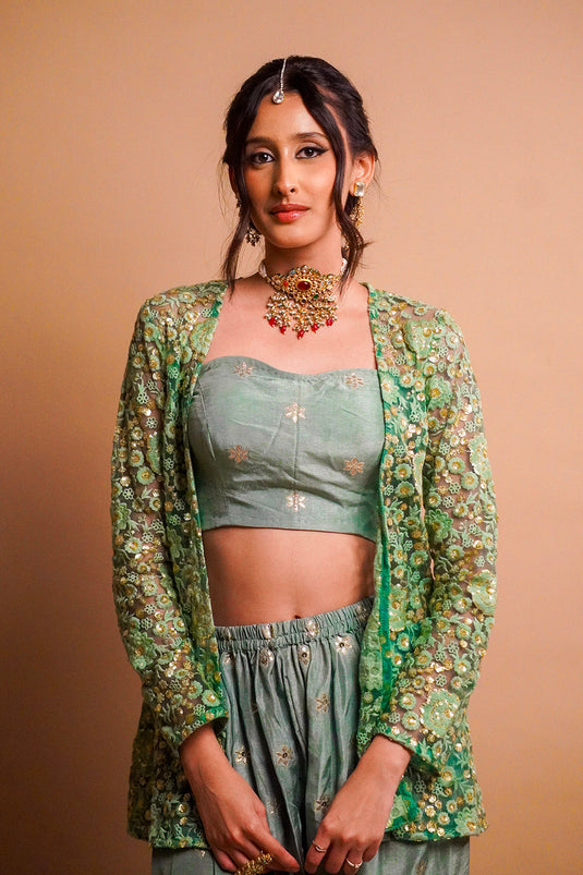 Sage Green Jacket with Balloon Pants Set