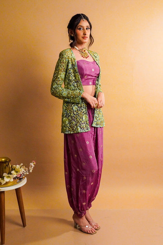Sage Green Jacket with Iris Balloon Pants Set