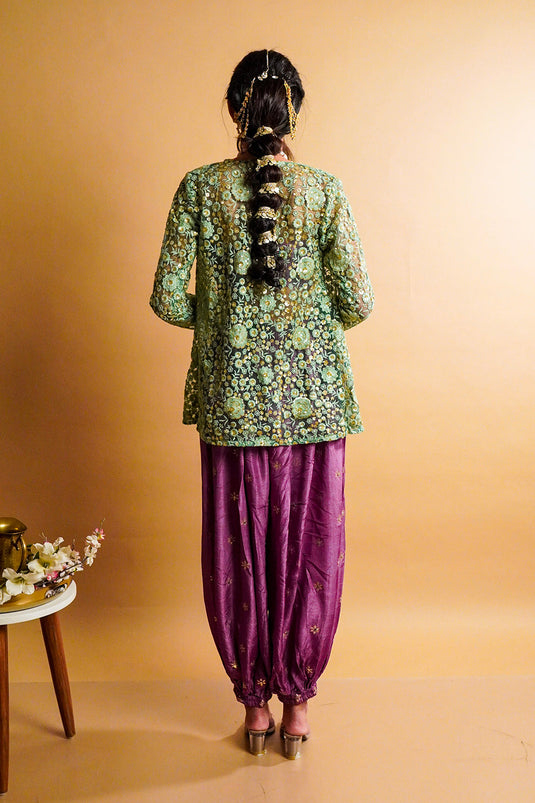 Sage Green Jacket with Iris Balloon Pants Set