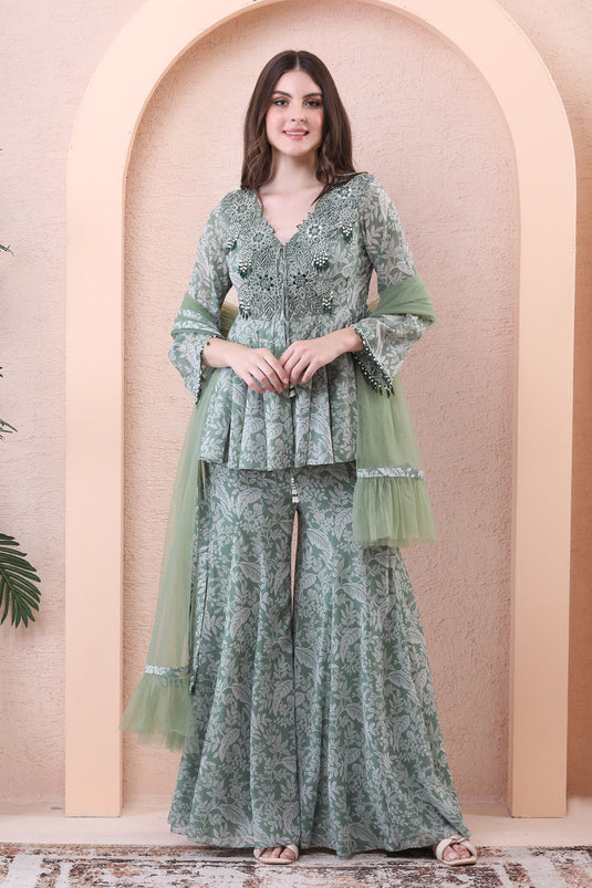 Sage Green Printed Anarkali Set