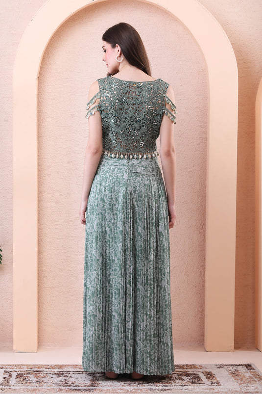 Sage Green Printed Pleated Skirt With Mirror Jacket