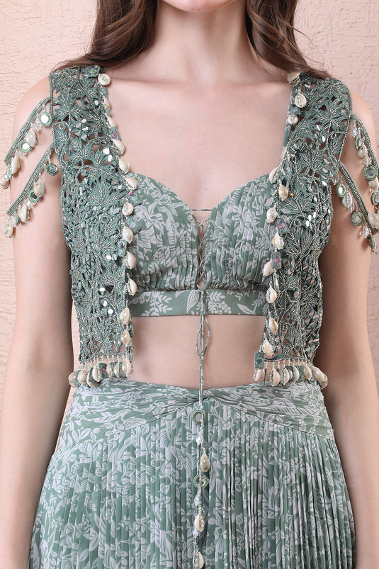 Sage Green Printed Pleated Skirt With Mirror Jacket