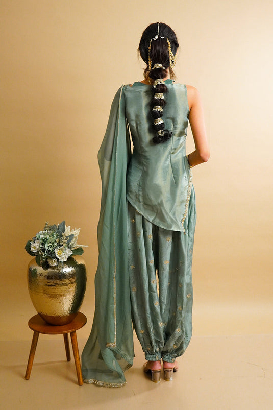 Sage Green Tissue Kurta with Balloon Pants Set