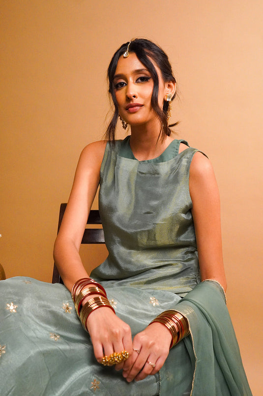Sage Green Tissue Kurta with Balloon Pants Set